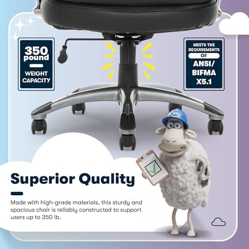 Serta Fairbanks Big and Tall Executive Office Chair - Ergonomic High Back Computer Desk Chair with Lumbar Support, Memory Foam Seat Cushion, Padded Armrests, Bonded Leather, 350 lb Capacity - Black 11