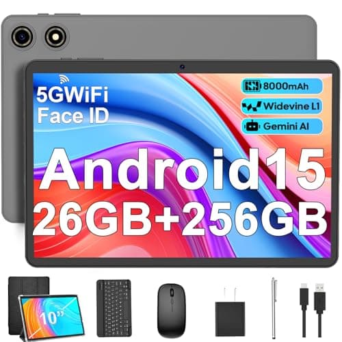 Android 15 Tablet with Keyboard - 26GB RAM + 256GB ROM , 2TB Expand, 10 inch 2-in-1 Tablets with 5G/2.4G WiFi, 8000mAh, BT5.0, 5MP+13MP, Split Screen, Widevine L1, Mouse, Case, Stylus (Black Case)