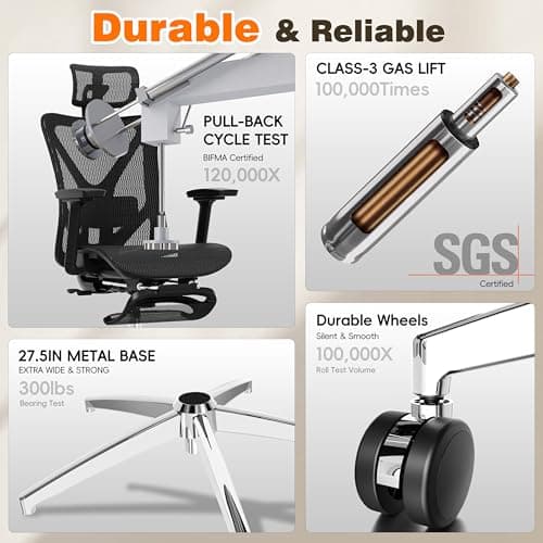 GABRYLLY Ergonomic Office Chair with Adjustable Lumbar Support, 3D Armrests & Headrest, 135° Reclining Chair with Footrest & Large Steel Base,300LBS Swivel Desk Chair(GYMN01) 9