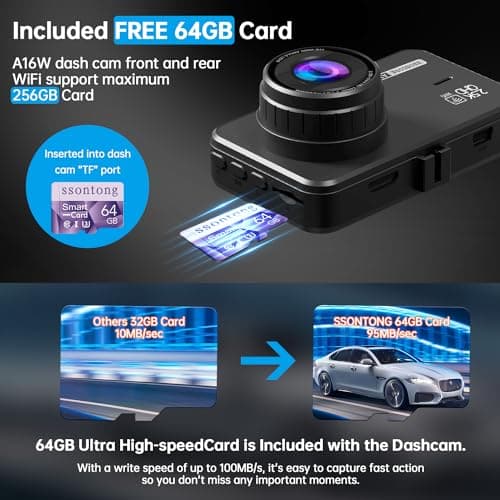Dash Cam Front and Rear, Dash Camera for Cars WiFi/APP Control Dual Dashcam W/ 64GB Card, 2.5K Dash Cam Front+1080P Rear Car Camera W/Super Night Vision, Loop Recording, G-Sensor, Max Support 256GB 5