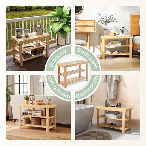 DUMOS Shoe Rack Bench with Storage, 3-Tier Bamboo Entryway Benches, Wooden Shoe Rack Holds Up to 286 lb Storage Organizer, Suitable for Bedroom Living Room Balcony, Classical Wood 8
