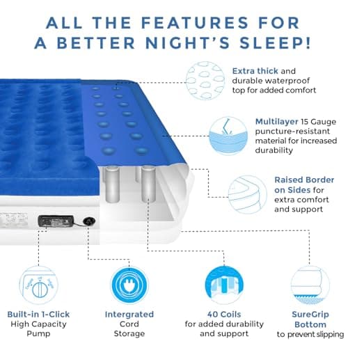 SoundAsleep Products Dream Series Luxury Air Mattress, ComfortCoil Technology, Built-in High Capacity Pump for Home, Camping- Double Height, Adjustable, Inflatable Blow Up, Portable (King Size) 6