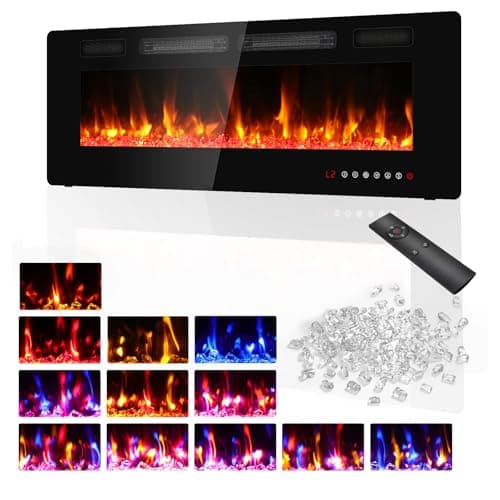 BREEZEHEAT 50 Inch Electric Fireplace Ultra Thin-Freestanding or Recessed Wall Mounted Fireplace Heater, Remote Control, Touch Screen, 750W/1500W, 8H Timer for Living Room, Bedroom, Office