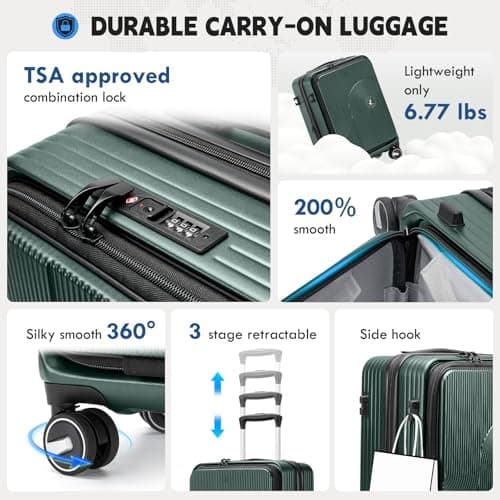 RAINSMORE Carry on Luggage 20 Inch Expandable, Airline Approved Carry on Suitcase Top Opening Hard Shell Rolling Travel Luggage with TSA Lock & Spinner Wheels, Green 8