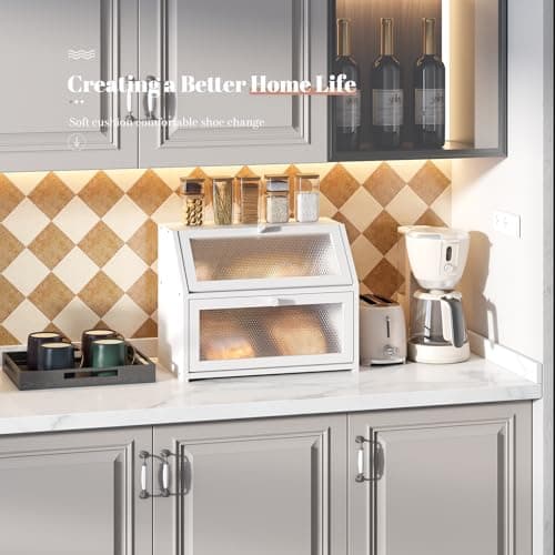 STDDRE Bread Box for Kitchen Countertop Bin Double Layer Bread Box Storage Container Extra Large Capacity Farmhouse with Diamond Pattern Windows (White, Large) 5