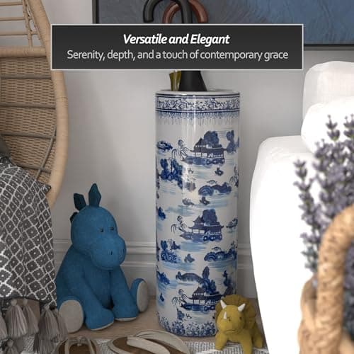 Oriental Furniture 20" Landscape Blue & White Porcelain Umbrella Stand 5