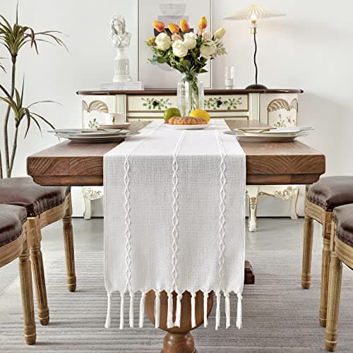 Wracra Rustic Linen Table Runner Farmhouse Style Table Runners 72 inches Long Embroidered Table Runner with Hand-Tassels for Party, Dresser Decor and Dining Room Decorations (White, 13"×72") 5