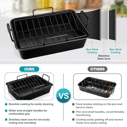 TeamFar Roasting Pan, 16’’ Nonstick Deep Lasagna Brownie Turkey Pan with V-Shaped Rack & Cooling Rack, with Stainless Steel Core & Nonstick Coating, Healthy & Sturdy Handles, Easy to Clean, Set of 3 5