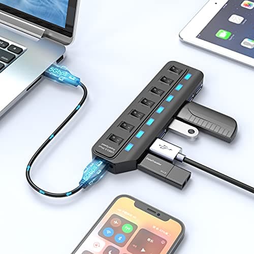 ONFINIO USB Hub 3.0, 7 Port USB Hub Splitter with Individual On/Off LED Switches, 5Gbps HighSpeed Data USB Extension for Laptop, iMac, USB Flash Drives, Mobile HDD, Printer, Camera and More 5