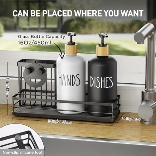 Moforoco Kitchen Dish Soap Dispenser Set, 16OZ Glass Bottle, Hand and Dish Soap Dispenser Set, Instant Dry Tray, Non-Slip Silicone Pad, Brush Holder with Smiley Face Sponge Holder, Kitchen Decor 6