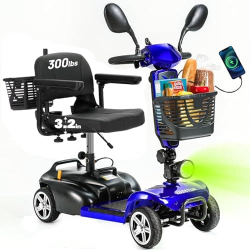 4 Wheel Mobility Scooters for Seniors, Folding Electric Powered Wheelchair, Compact Heavy Duty Mobile for Travel, Adults, Elderly, Long Range Power Extended Battery with Charger and Basket Blue