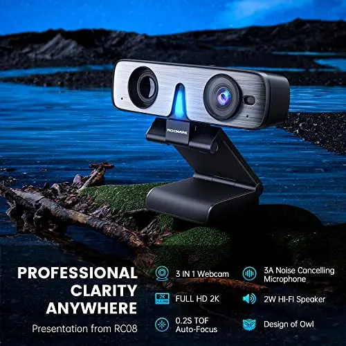 ROCWARE RC08 2K Webcam with Speaker, Webcam for PC, HD Web Cam with Noise Reduction Mic/Harman Speaker/4X Eptz/Privacy Cover/0.2S Auto-Focus/Low Illumination, Computer Camera for Zoom/Teams/Meeting 8