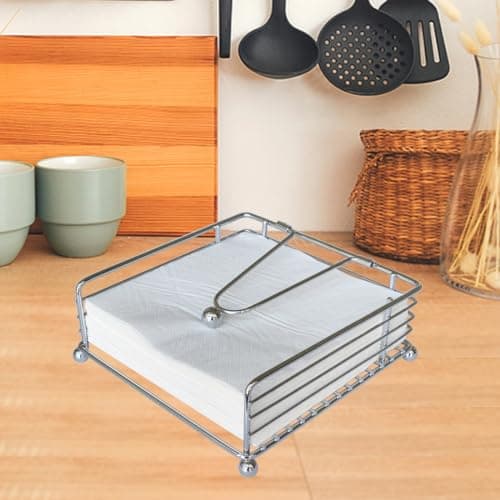 hiwafifi Napkin Holder for Table, Flat Napkin Dispenser with Weighted Arm, Square Cocktail Paper Holder of Elegant Rustic Iron for Kitchen Dining Room Decor Restaurant Farmhouse Hotel Party, Silver 8