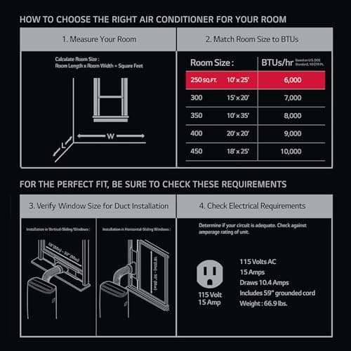 LG 6,000 BTU DOE 8,000 BTU ASHRAE Portable Air Conditioner, 115V, Cools 250 Sq.Ft. (10' x 25' Room Size), Quiet Operation, LCD Remote Control, and Window Installation Kit, White 9