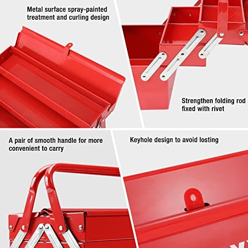 WORKPRO Metal Tool Box, 18-inch Cantilever Folding Red Storage Box, 3-Layer 5-Tray Multi-Function Tool Organizer, Red 5