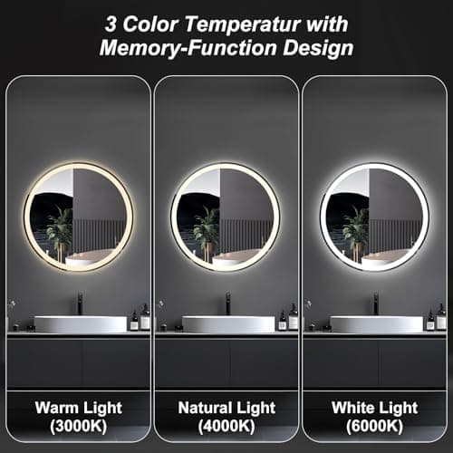 DUMOS 30 Inch Round LED Bathroom Mirror with Lights, Circle Vanity Mirror with Anti-Fog, Dimmable, 3-Color Light, Memory Function, Tempered Glass 6