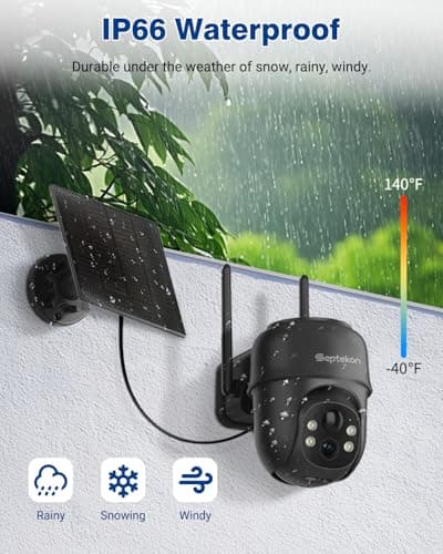Septekon 2K Solar Security Cameras Wireless Outdoor 2 Pack, 360°PTZ Battery Powered Outdoor Camera, 2.4G WiFi Camera with Spotlight Color Night Vision, Motion Sensor Alarm, IP66, Black 6
