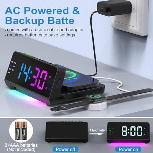 Wireless Charging Alarm Clock Station - Dual USB-C Ports, Dual Alarm, Night Light, Full Dimmable Display, Calendar, Snooze, Perfect for Heavy Sleepers & Teens 7