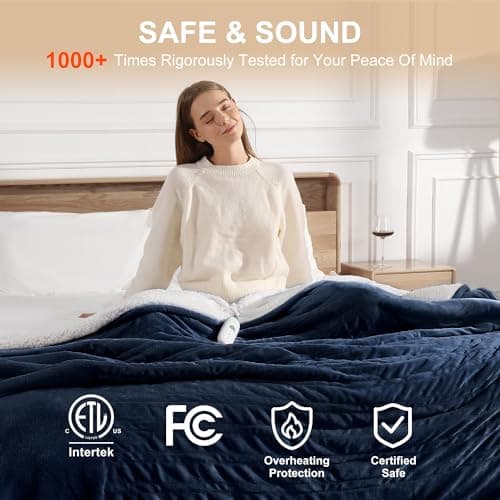 Electric Throw Heating Blankets 50X60in - Fleece Heated Throw Washable with 5 Heating Level & 4 Hour Auto Off Small Heated Blanket for Office, Chair Blanket for Winter, Great Gift Ideas(Navy Blue) 8