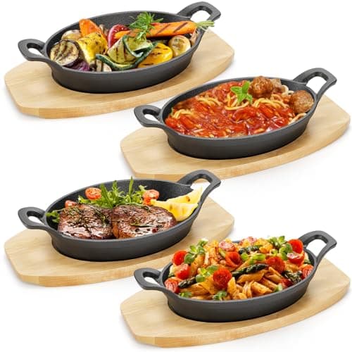 Mezchi 4 Pack Mini Cast Iron Fajita Skillet Set, 8.5 x 6.1 Inch Sizzling Plate with Wooden Base, Small Oval Casserole Dishes, Cast Iron Pizza Baking Steak Pan for Stove, Oven, Grill
