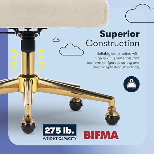 Serta Scarlett Modern Office Chair, Pleated and Curved Mid-Back Desk Chair, Pocket Coil Seat Cushion, Padded Armrests, Vanity Armchair with Wheels, Swivel Gold Base, Beige Velvet Fabric 9