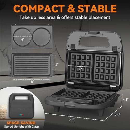 Baker’s Friend 3 in 1 Mini Waffle Maker with Removable Plates, Dual Waffle & Pancake and Grill Plates, Breakfast Sandwich Maker Press, Dishwasher Safe, Non-stick Coating, Graphite 5