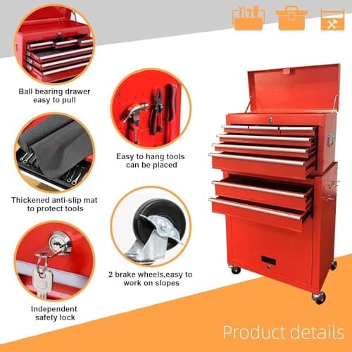 DUSACOM 8-Drawer High Capacity Rolling Tool Chest, Removable Cabinet Storage Tool Box with Wheels and Drawers, Detachable Toolbox with Lock for Workshop Mechanics Garage (8-Drawer, Red) 6