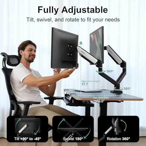 NearHub Dual Monitor Desk Mount for 13-32" Computer Screen,Adjustable Gas Spring Monitor Arm,Each Arm Holds 4.4 to 22 lbs,Swivel/Tilt/Rotation,VESA 75X75mm 100X100mm,C Clamp & Grommet Mounting Base 7