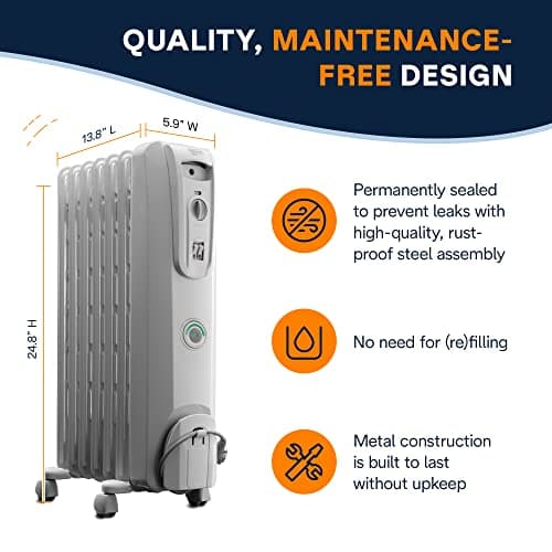 De'Longhi Oil filled Radiator Heater, 1500W Electric Space Heater for indoor use, portable room heater, Energy Saving, full room like office and bedroom with safety features, EW7707CM 6