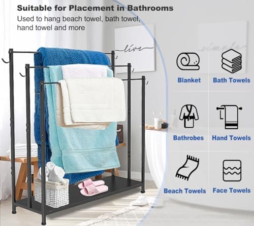 AnBaiMei Extra Large Free Standing Towel Rack with Metal Storage Shelf & 6 Hooks for Bathroom, 3 Tiers Heavy Duty Blanket Drying Stand Holder for Outdoor Pool, Bedroom, Living Room, Black 7
