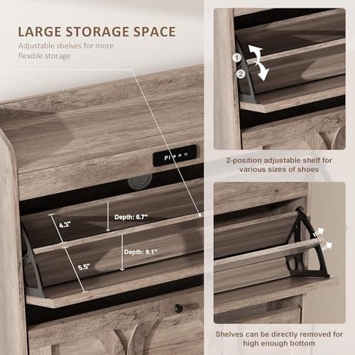 Elevon Deodorizing Shoe Storage Cabinet with 2 Flip Drawers, LED Touchscreen Freestanding Shoe Organizer with Wooden Leg, Narrow Shoe Rack Cabinet for Hallway, Bedroom and Entryway,Gray 5