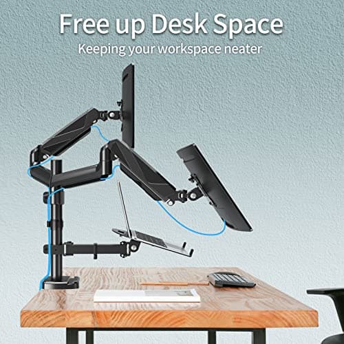 MOUNTUP Dual Monitor and Laptop Mount, Adjustable Monitor Stand for 2 Max 27" Computer Screens, Laptop Tray Fits 10-17inch Notebook, Holds 4.4-17.6lbs Per Arm, 3-in-1 Adjustable Monitor Desk Mount 9