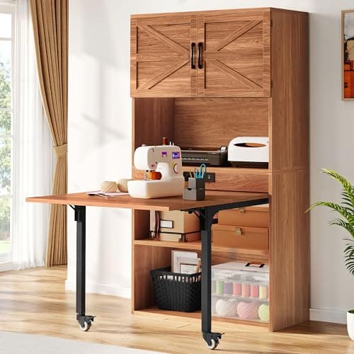 DWVO Sewing Craft Table with Storage, Craft Armoire with Fold-Out Table and USB Power Outlets, Large Capacity Sewing Cabinet with Adjustable Shelves for Home or Studio 7