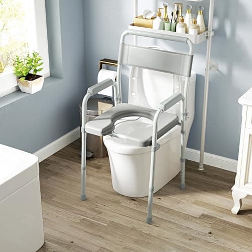 HOMCOM 4 in 1 Bedside Commode Shower Chair Portable Toilet Raised Toilet Seat with Handle for Seniors, Adults, Handicap, Adjustable Height, Gray 8