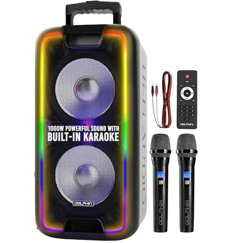Dolphin Dual 10" Bluetooth Party Speaker - 1000W Big Speaker with 2 Wireless Microphones, Powerful Bass, Multicolor LED Lights, Tailgate Ready, Portable with Wheels & Handle, Long-Lasting Battery