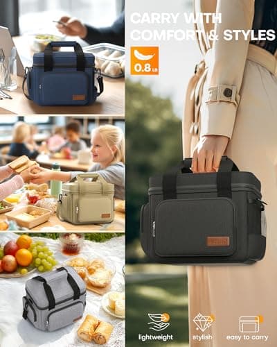 HOTOR Lunch Box for Men and Women - Leak-Proof Insulated Lunch Cooler Bag with Adjustable Strap, Multiple Pockets for Office, Picnic, Hiking, Beach, 1 Layer, 8L, Black, 9.8" x 8.7" x 5.9" 6