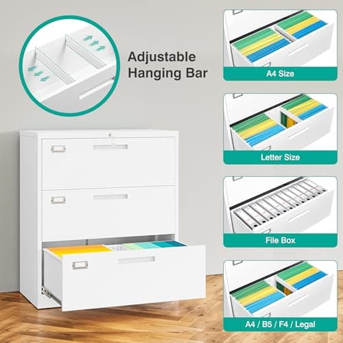 SISESOL 3 Drawer Lateral File Cabinet with Lock,White Lateral Filing Cabinet,Horizontal Metal Filing Cabinet,Locked Wide Three Drawer File Cabinet for Office Home,Fit A4/F4/Letter/Legal File 6