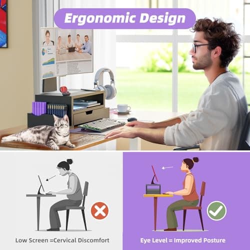 Simple Trending Monitor Stand Riser and Computer Wood Desk Organizer with Drawer and Pen Holder for Laptop, Computer, iMac, Black 8