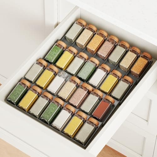 Mystozer Spice Drawer Organizer with 28 Spice Jars, 4 Tier Seasoning Rack Tray Insert for Kitchen Drawers,Spice Rack for Drawer/Countertop 13.07" Wide x 16.92" Deep (Grey)