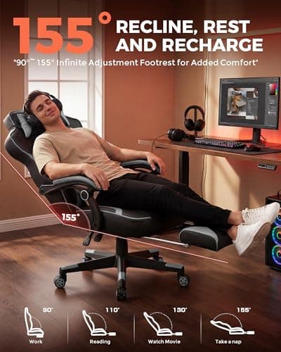GTPLAYER Gaming Chair with Footrest, Big and Tall Game Chair 350lb Racing Style Computer Chair, Ergonomic Executive Office Chair High Back with Lumbar Support and Recliner, Light Gray 7