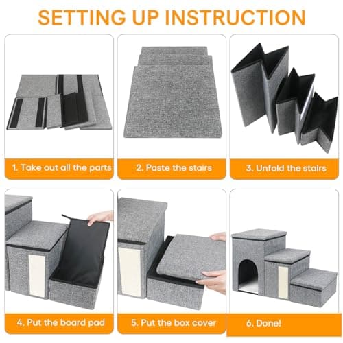 petizer Dog Stairs for Small Dogs, Foldable Pet Stairs for Couch/Bed with Storage Box, Condo and Cat Scratcher, Adjustable Non-Slip Dog Steps for Puppy, Cats, or Small (3-Step,17" H) 7