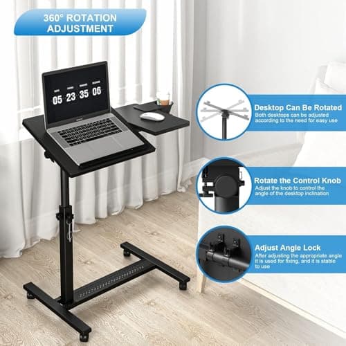 Panta Height Adjustable Rolling Laptop Stand, Overbed Table with 2 Tilting Desktops, Mobile Laptop Table for Couch with Cup Holder, Mobile Computer Workstation for Office, Home and Hospital 6