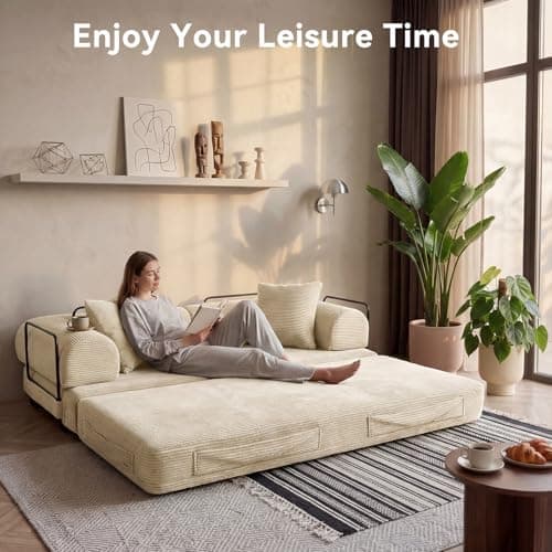 Nordivale 79" Sofa Bed Convertible Boneless Couch Corduroy Modular Couch Bed with Fixed-Shape Frame & Removable Armrests for Living Room, Bedroom (White) 6