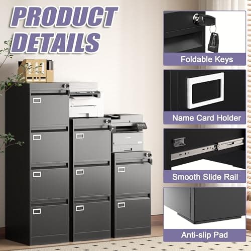 2 Drawer Metal File Cabinet with Lock, Black Locked Filing Cabinets, Vertical Small File Cabinet with Key, Under Desk Filing Cabinets for Home Office 6