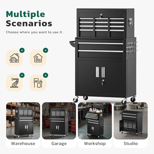 Greenvelly Metal Tool Chest,8-Drawer Rolling Tool Cart with Wheels,2 in 1 Detachable Tool Cabinets,Tool Box,Liners and Locking System for Garage,Warehouse,Workshop, Barbershop(Black) 7