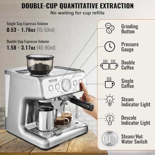 VEVOR Espresso Machine with Grinder, 15 Bar Semi-Automatic Espresso Coffee Maker with Milk Frother Steam Wand, Removable Water Tank & Pressure Gauge for Cappuccino, Latte, Machiato, PID Control System 5