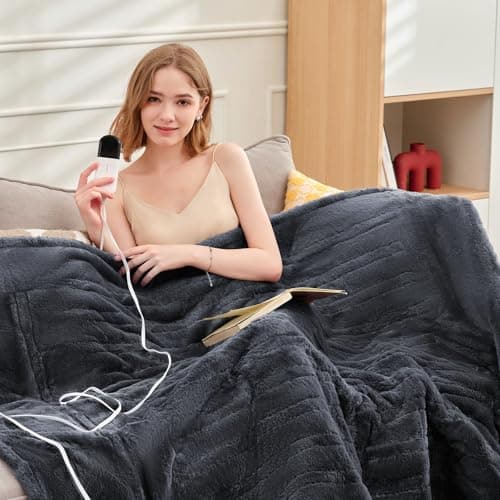 PTQ Premium Heated Throw Blanket 50"×60" - Ultra Cosy Soft Electric Blanket with 8 Heating Levels,Plush Fast Heating Faux Rabbit Fur Blanket for Bed & Couch - Auto Shut Off,Machine Washable(Grey) 9