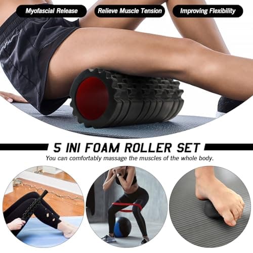JOYENERGY 5 in 1 Foam Roller Set High Density Foam Roller Patented, Massage Stick, Massage Ball, Resistance Band for Deep Muscle Massage Pilates Yoga, Fitness for Trigger Point Release 6