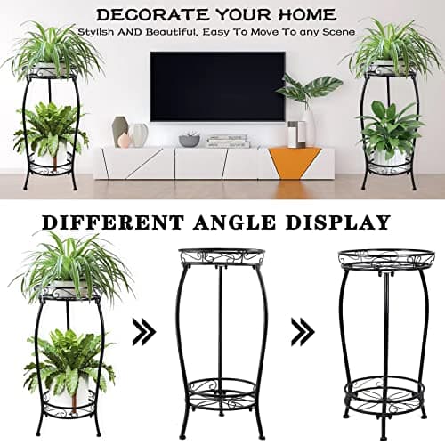 MOCORY Plant Stand Indoor Outdoor 2 Tier 25" Tall Metal Potted Holder Flower Pot Stand Heavy Duty Plant Shelf Rustproof Iron Multiple Plant Round Supports Rack for Planter Corner Garden Balcony Patio 5
