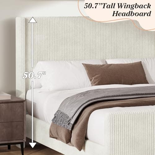 Nonlita Queen Size Corduroy Upholstered Platform Bed Frame with Tufted Headboard and Footboard, No Box Spring Required, Easy to Assemble (Cream, Queen) 5